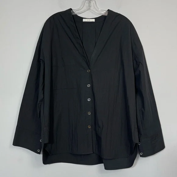 CO Collections V-Neck Blouse in Cotton Blend Poplin Black S Luxury Minimalist